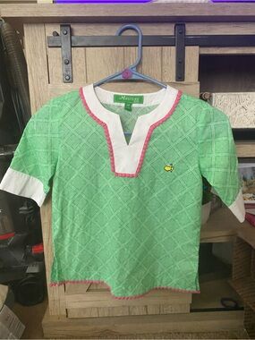 Masters Green Short-Sleeve Knit Tunic with Pink Trim